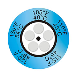 A circular shaped label with five temperature zone indicators printed on it.